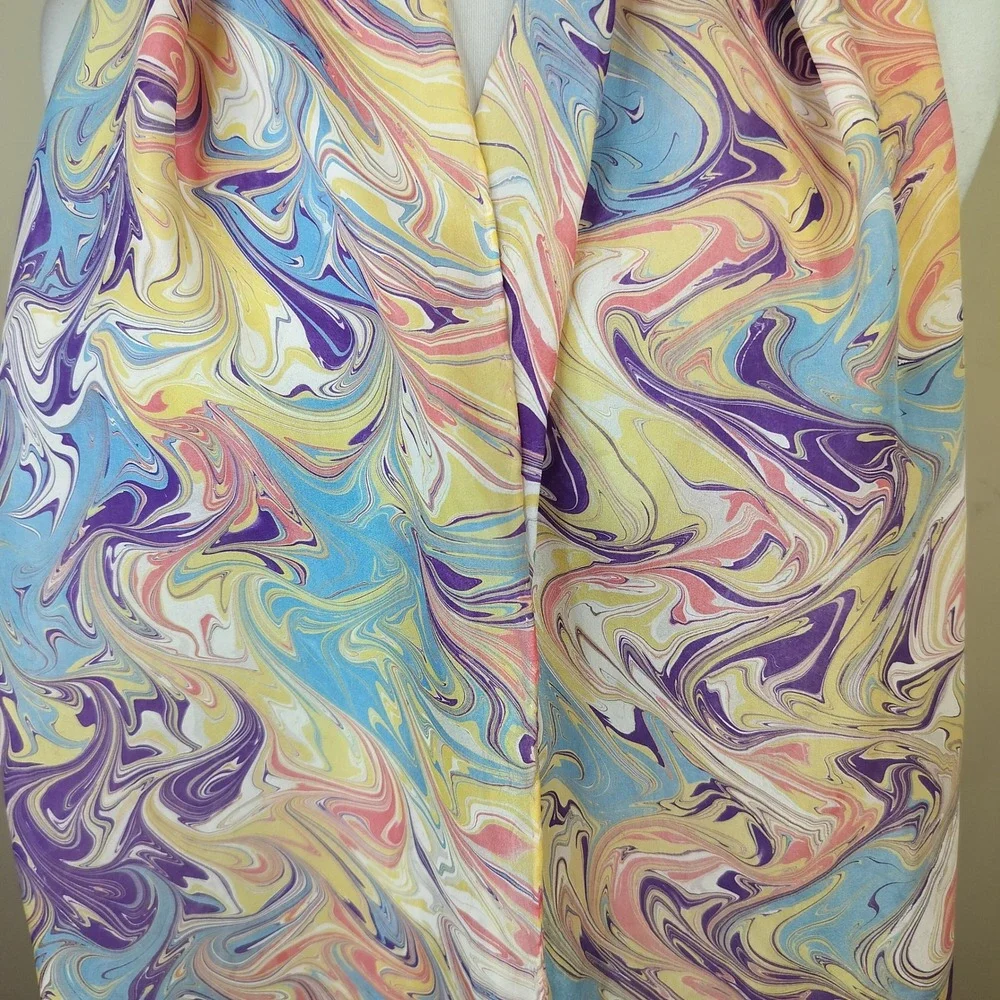 100% Silk Scarf Marbled Wavy Psychedelic Multicolor 56 x 11